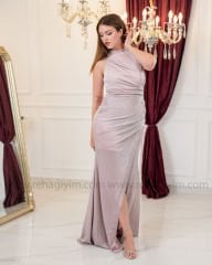 Halter Yaka Drapeli Elbise| Pudra