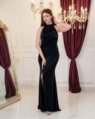 Halter Yaka Drapeli Elbise| Siyah