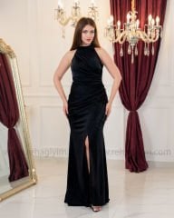 Halter Yaka Drapeli Elbise| Siyah