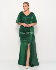 Simli Taş Detay Plus Size Abiye - Yeşil