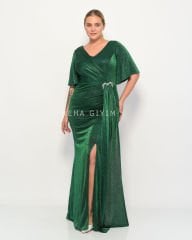 Simli Taş Detay Plus Size Abiye - Yeşil
