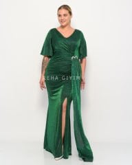 Simli Taş Detay Plus Size Abiye - Yeşil