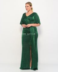 Simli Taş Detay Plus Size Abiye - Yeşil