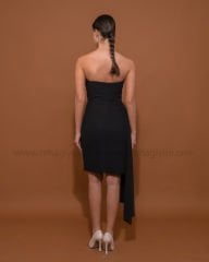 Straplez Şifon Mini Elbise| Siyah