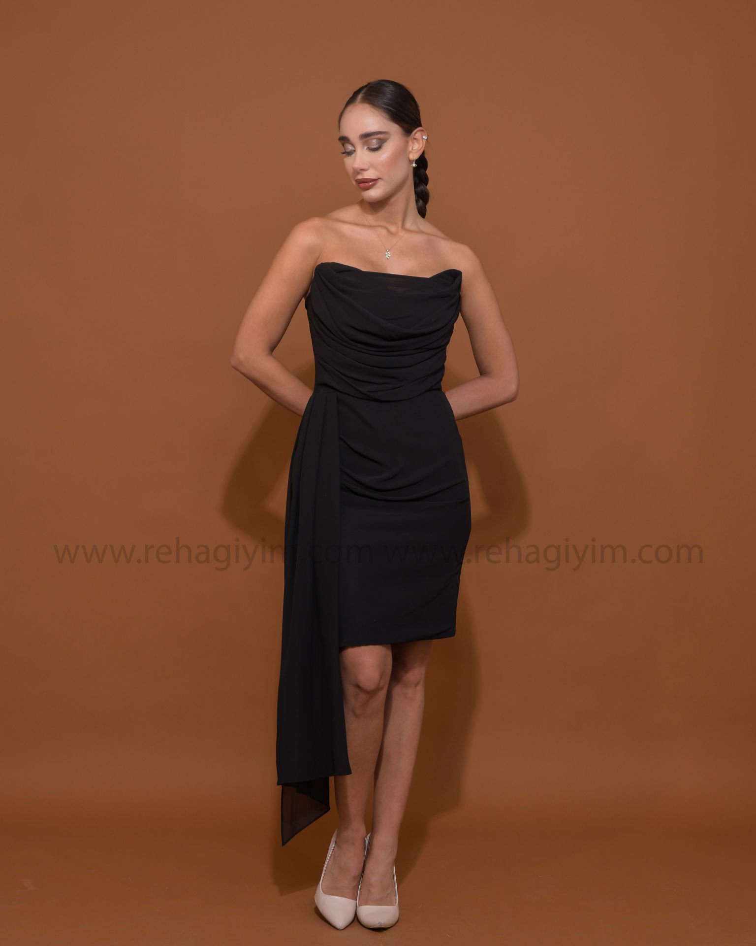 Straplez Şifon Mini Elbise| Siyah