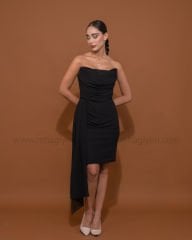 Straplez Şifon Mini Elbise| Siyah