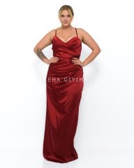 Sırt Dekolteli Saten Abiye Plus Size - Bordo