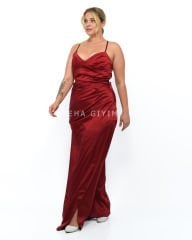 Sırt Dekolteli Saten Abiye Plus Size - Bordo