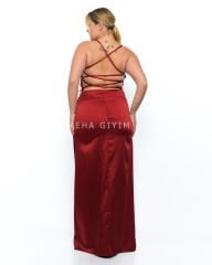 Sırt Dekolteli Saten Abiye Plus Size - Bordo