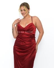 Sırt Dekolteli Saten Abiye Plus Size - Bordo