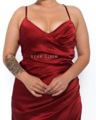 Sırt Dekolteli Saten Abiye Plus Size - Bordo