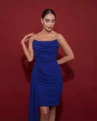 Straplez Şifon Mini Elbise | Gece Mavisi