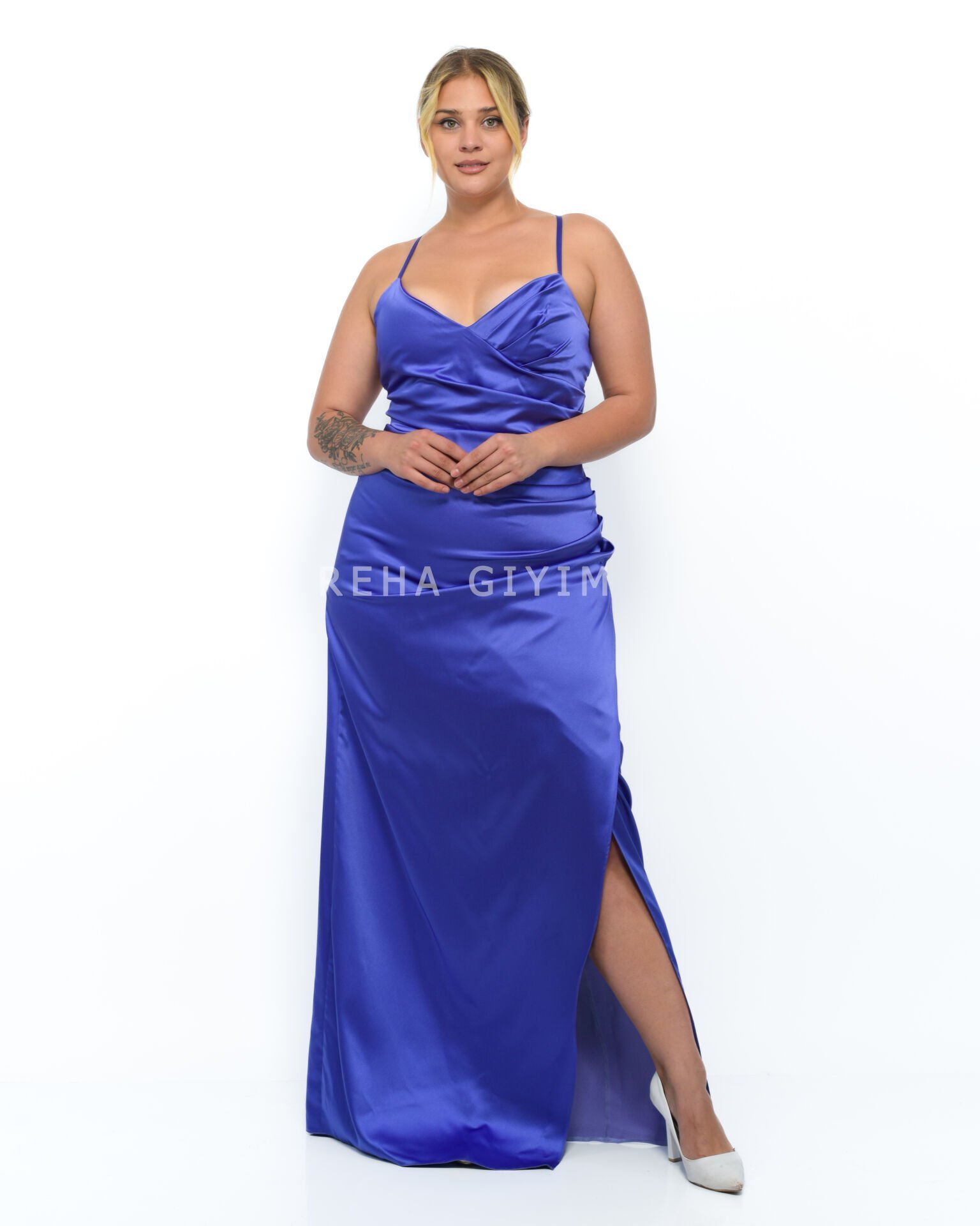 Sırt Dekolteli Saten Abiye Plus Size - Mor