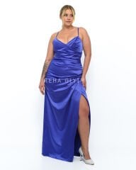 Sırt Dekolteli Saten Abiye Plus Size - Mor