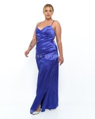 Sırt Dekolteli Saten Abiye Plus Size - Mor