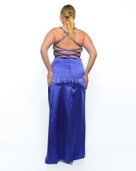 Sırt Dekolteli Saten Abiye Plus Size - Mor