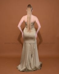 Straplez Saten Abiye Elbise Maxi