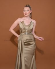Straplez Saten Abiye Elbise Maxi