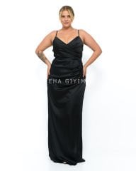 Sırt Dekolteli Saten Abiye Plus Size - Siyah