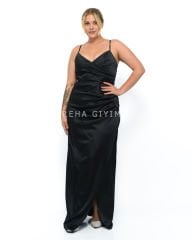 Sırt Dekolteli Saten Abiye Plus Size - Siyah