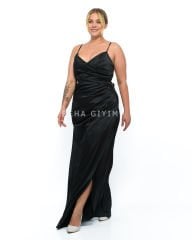 Sırt Dekolteli Saten Abiye Plus Size - Siyah