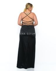 Sırt Dekolteli Saten Abiye Plus Size - Siyah