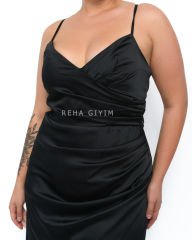 Sırt Dekolteli Saten Abiye Plus Size - Siyah
