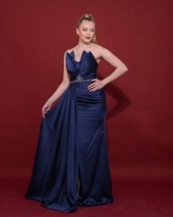 Straplez Saten Abiye Elbise Maxi | Lacivert