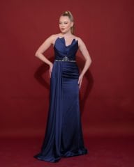 Straplez Saten Abiye Elbise Maxi | Lacivert