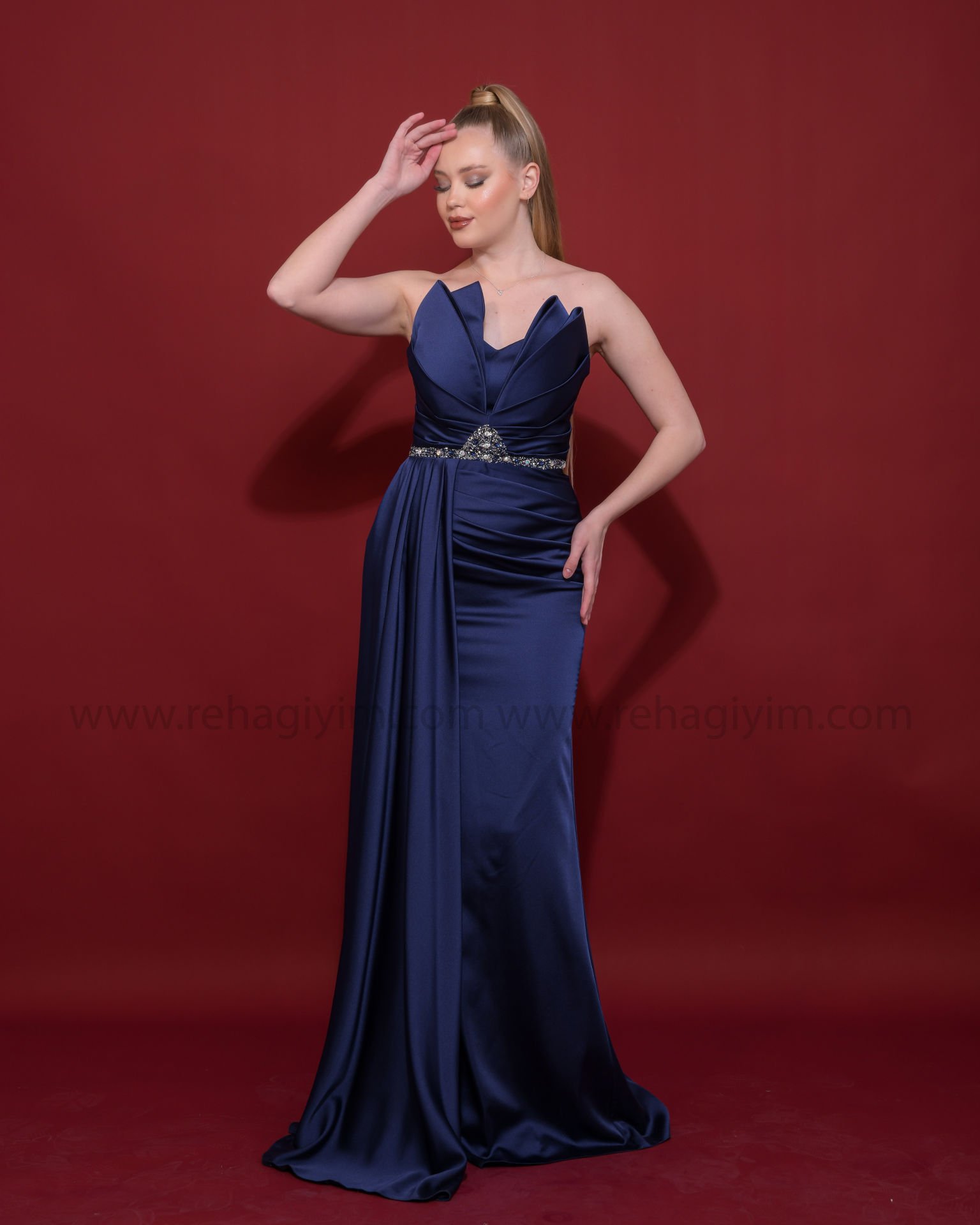 Straplez Saten Abiye Elbise Maxi | Lacivert