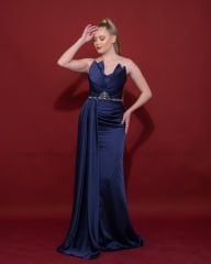 Straplez Saten Abiye Elbise Maxi | Lacivert