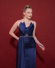 Straplez Saten Abiye Elbise Maxi | Lacivert