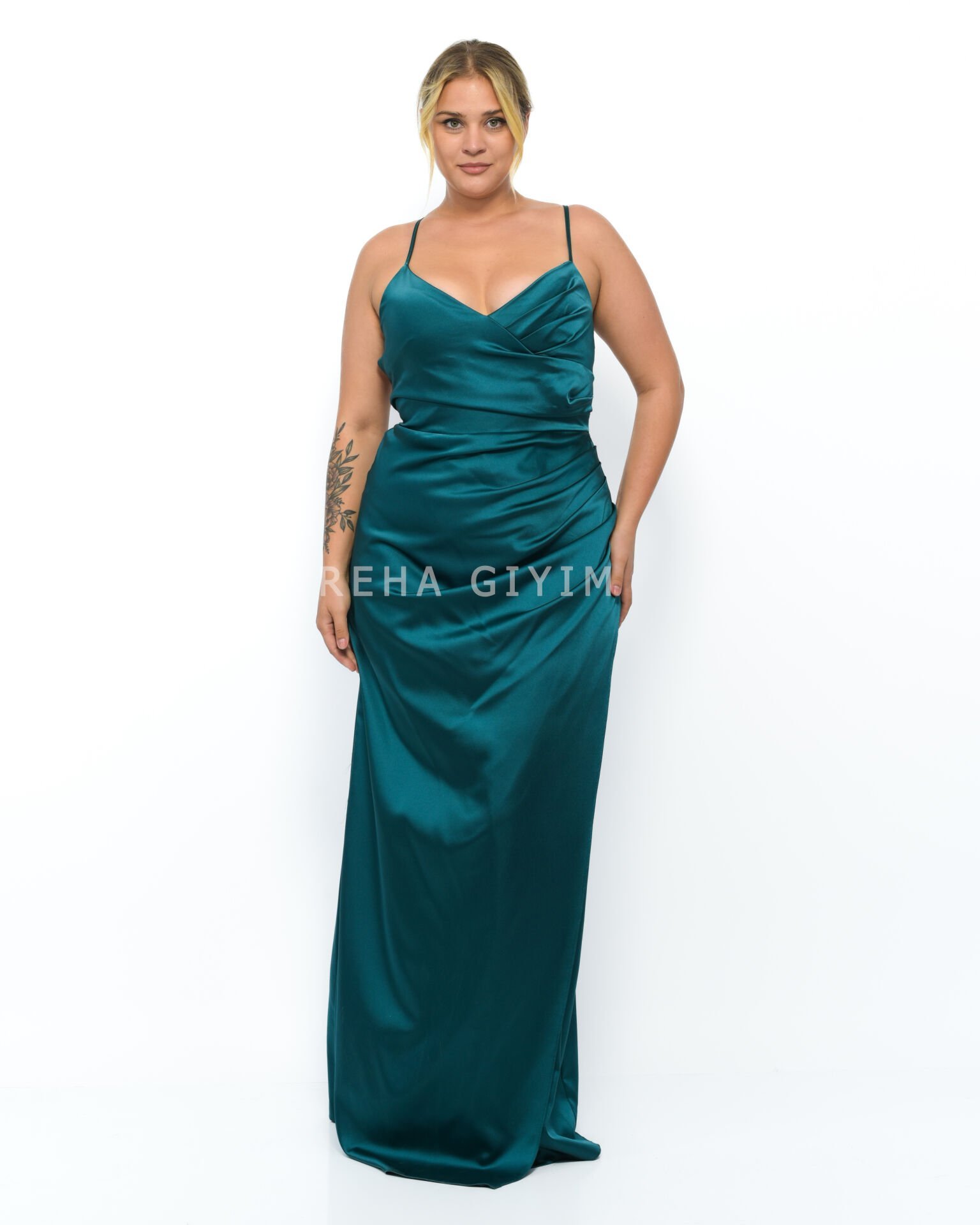 Sırt Dekolteli Saten Abiye Plus Size - Yeşil