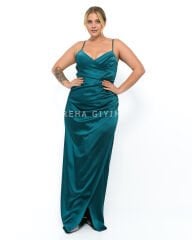 Sırt Dekolteli Saten Abiye Plus Size - Yeşil