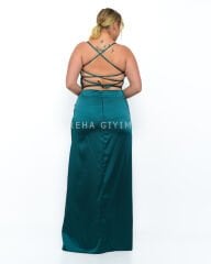 Sırt Dekolteli Saten Abiye Plus Size - Yeşil