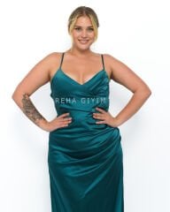 Sırt Dekolteli Saten Abiye Plus Size - Yeşil