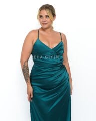 Sırt Dekolteli Saten Abiye Plus Size - Yeşil