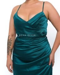 Sırt Dekolteli Saten Abiye Plus Size - Yeşil