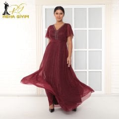 Göğsü Taşlı Abiye Elbise | Bordo