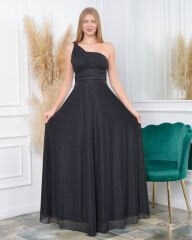 Tek Omuz Askılı Simli Elbise Plus Size| Siyah