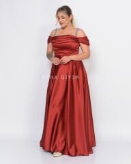 Askı Taşlı Düşük Kol Saten Abiye | Bordo