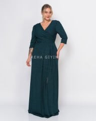 Kruvaze Yaka Yırtmaç Abiye Elbise| Yeşil