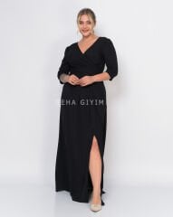 Kruvaze Yaka Yırtmaç Abiye Elbise | Siyah