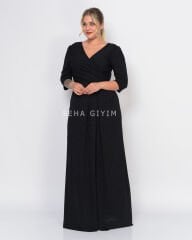 Kruvaze Yaka Yırtmaç Abiye Elbise | Siyah