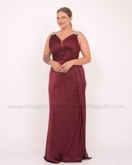 Omuzları Aksesuarlı Simli Abiye Elbise |Bordo