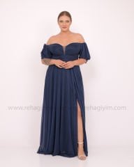 Simli Balon Kol Abiye Elbise Plus Size Maxi| Lacivert