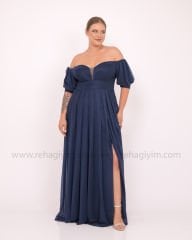 Simli Balon Kol Abiye Elbise Plus Size Maxi| Lacivert