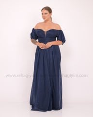 Simli Balon Kol Abiye Elbise Plus Size Maxi| Lacivert