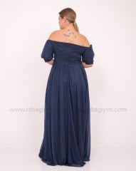 Simli Balon Kol Abiye Elbise Plus Size Maxi| Lacivert