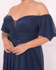 Simli Balon Kol Abiye Elbise Plus Size Maxi| Lacivert